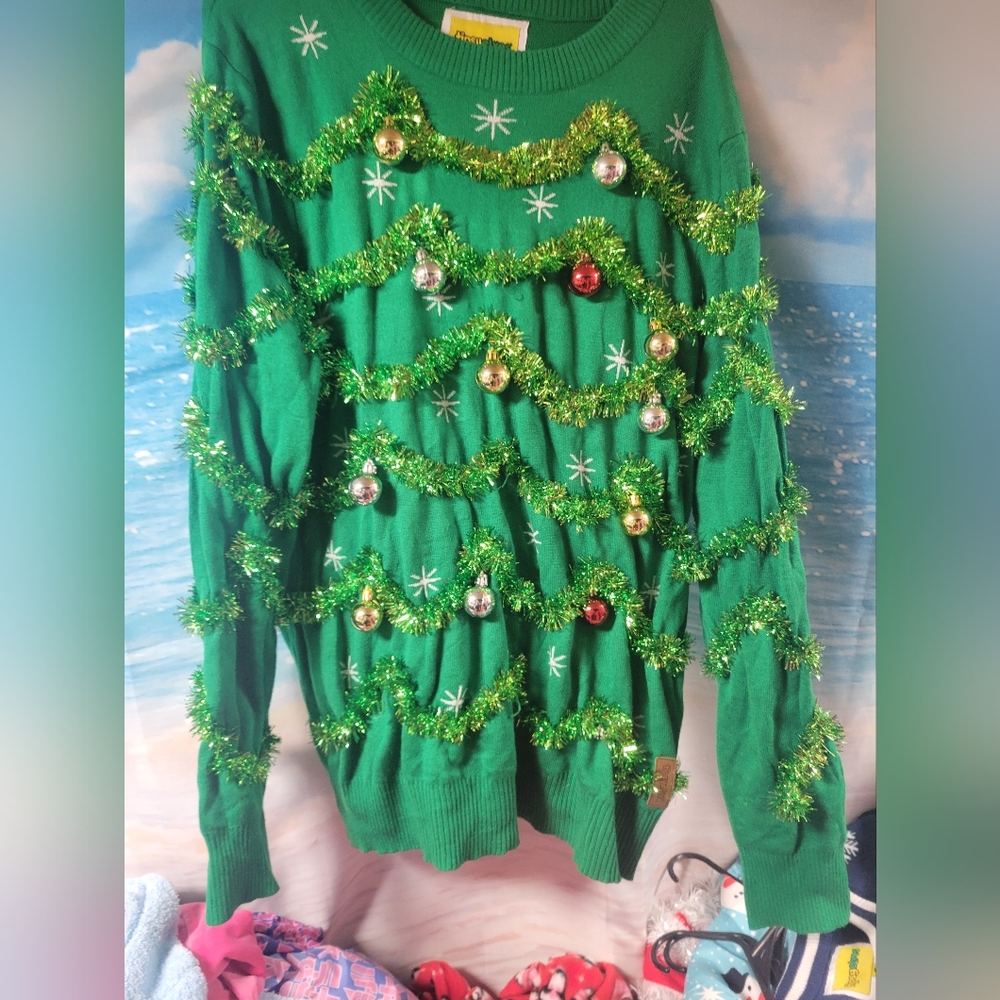 Tipsy Elves NWOT Green Tinsel & Christmas Balls Sweater Unisex Size XXL & Medium